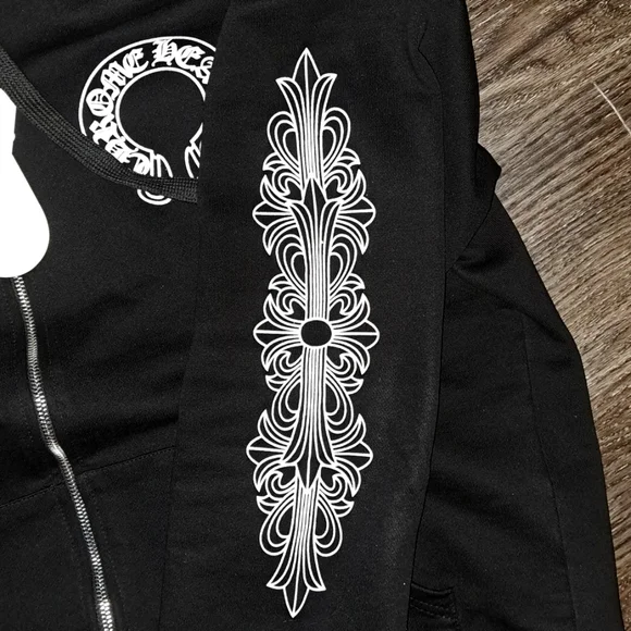 Chrome Hearts Horseshoe Floral Cross Sleve Zip Up Hoodie Black and White - Picture 6 of 7